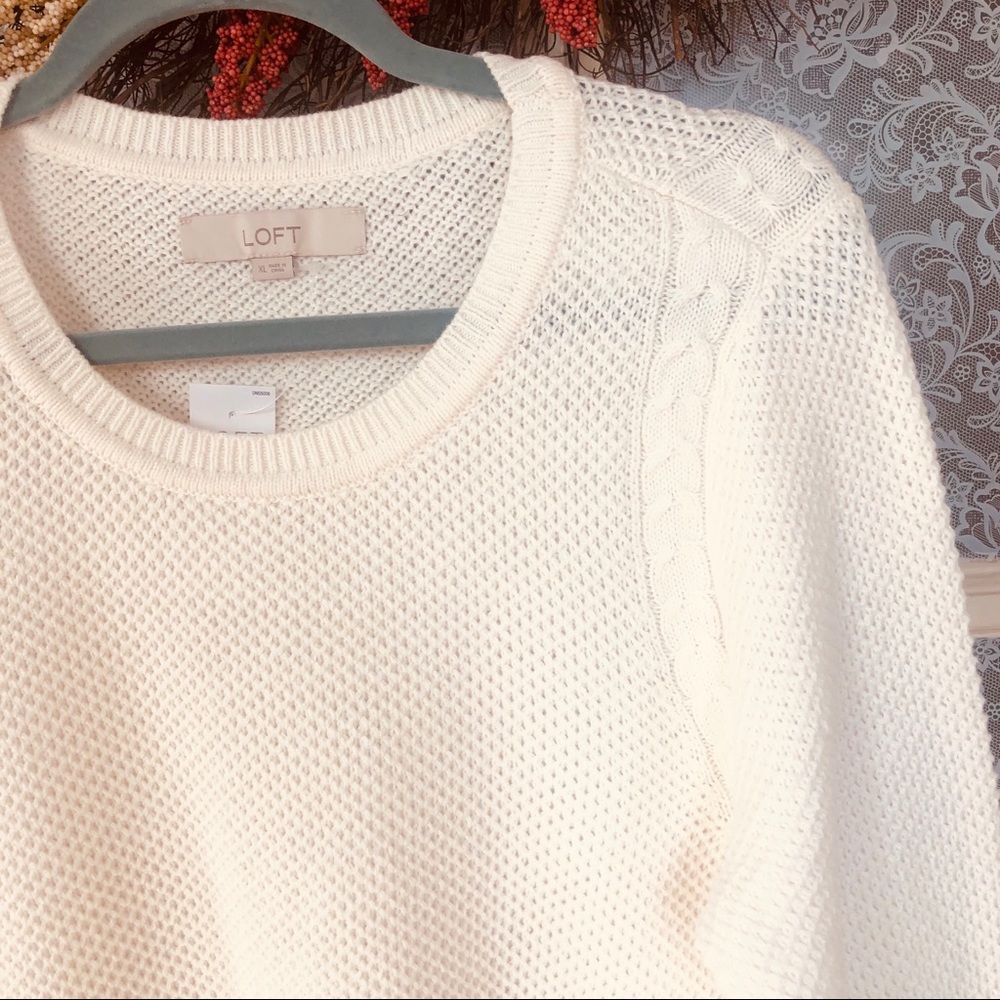 LOFT XXL White Cable Knit Trim Sweater - Picture 3 of 6
